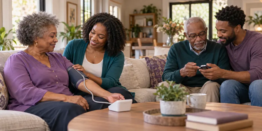 An older woman has her blood pressure checked while an older man checks his blood sugar, both with help at home.