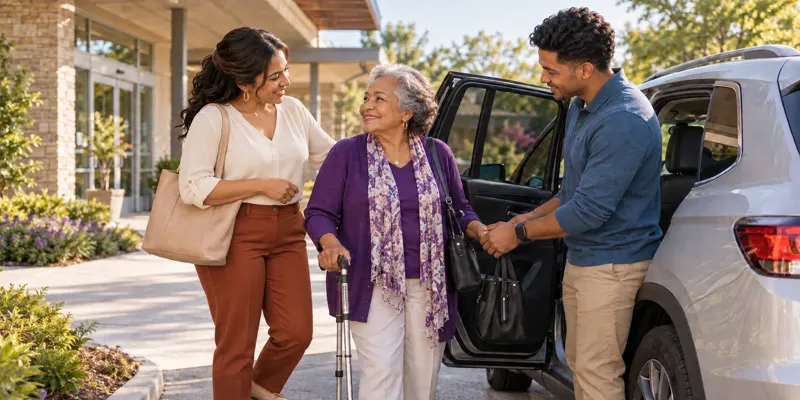 An older woman with a cane receives help from two people beside an open car door.